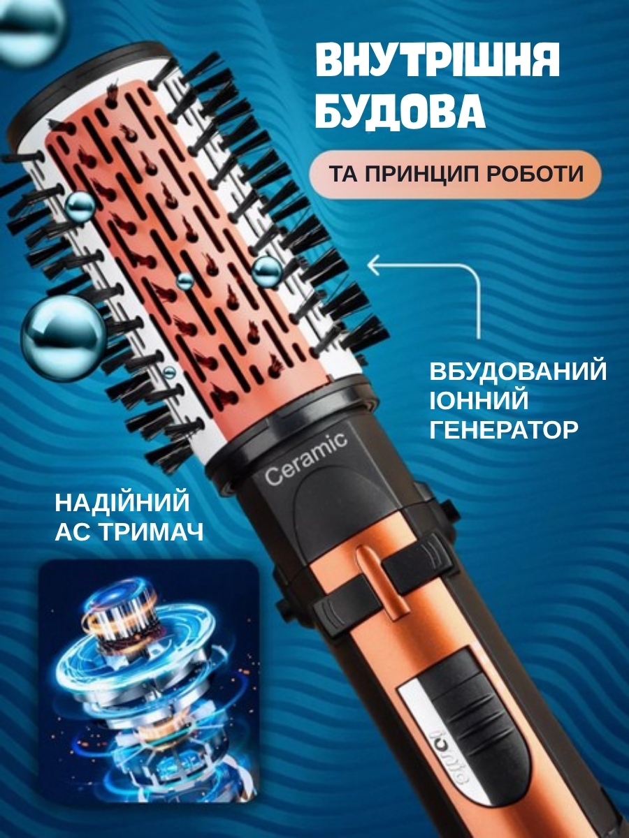 Фен-щітка для укладання волосся з керамічним покриттям і трьома насадками